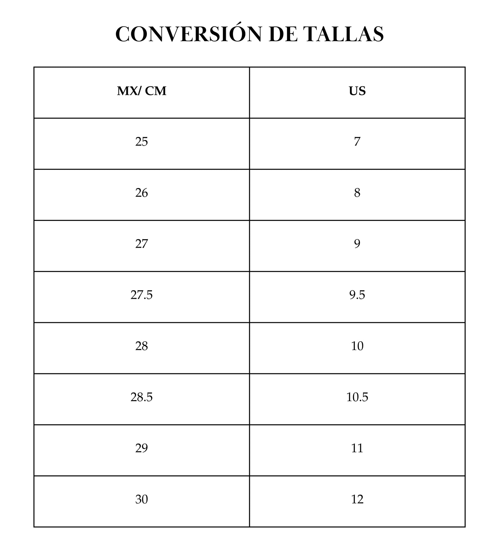 Size chart for El Guante Lino Marino